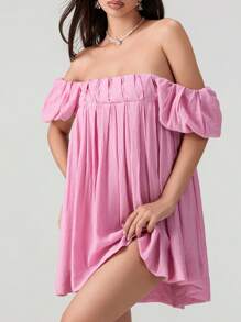 Women Puff Sleeve Babydoll Dress Square Neck Tie Up Mini Sundress Summer Y2k Solid Off Shoulder Flowy Short Dresses - Hồng - Xem 2
