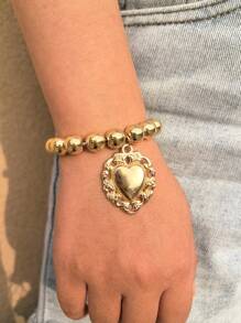 1 件女式空心心形串珠手链，手工制作的弹性简约珠宝 - 金色 - 查看 6