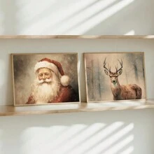 2 件套圣诞老人和驯鹿帆布墙画现代圣诞装饰，非常适合卧室、家庭办公室，无框架 - 彩色 - 查看 10