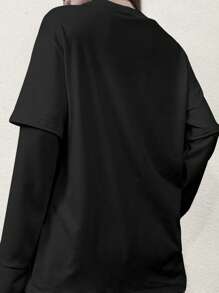 女士时尚街头风格 Y2K 哥特式哥特风小众印花圆领长袖二合一 T 恤 - 黑色 - 查看 5