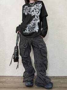 女士时尚街头风格 Y2K 哥特式哥特风小众印花圆领长袖二合一 T 恤 - 黑色 - 查看 6