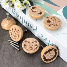 6pcs Handcrafted Beech Wood Animal Knobs - Unique Engraved Design For Dresser & Kitchen Cabinets, Single Hole Drawer Pulls With Screws Included