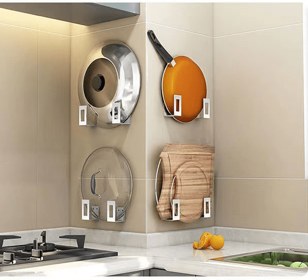Stainless Steel WallMounted Pot Lid Holder Rack, No Drilling, Cookware
