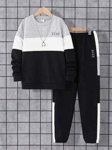 青少年男孩 2 件套：圆领长袖印花和长裤，秋冬 - 黑色 - 查看 1