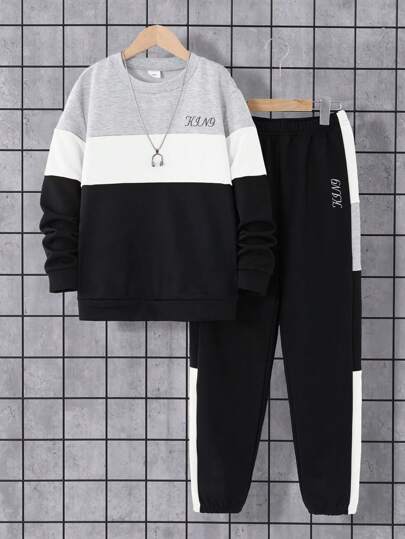 青少年男孩 2 件套：圆领长袖印花和长裤，秋冬