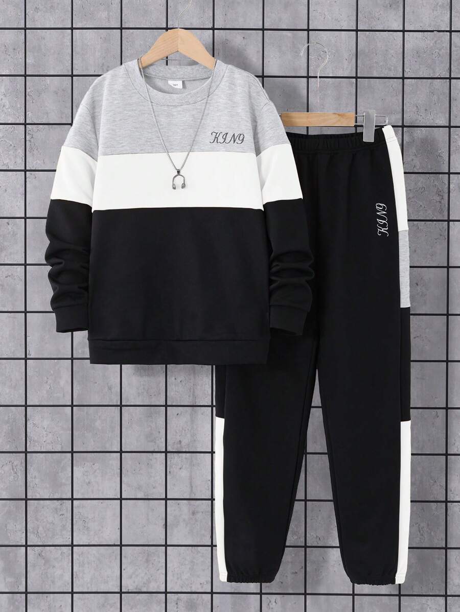 青少年男孩 2 件套：圆领长袖印花和长裤，秋冬 - 黑色 - 查看 1