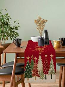 1pc Christmas Table Runner Rectangular Festive Table Decoration Red Christmas Tree Design Suitable For Festive Dining Indoor And Outdoor Use - Red - View 1