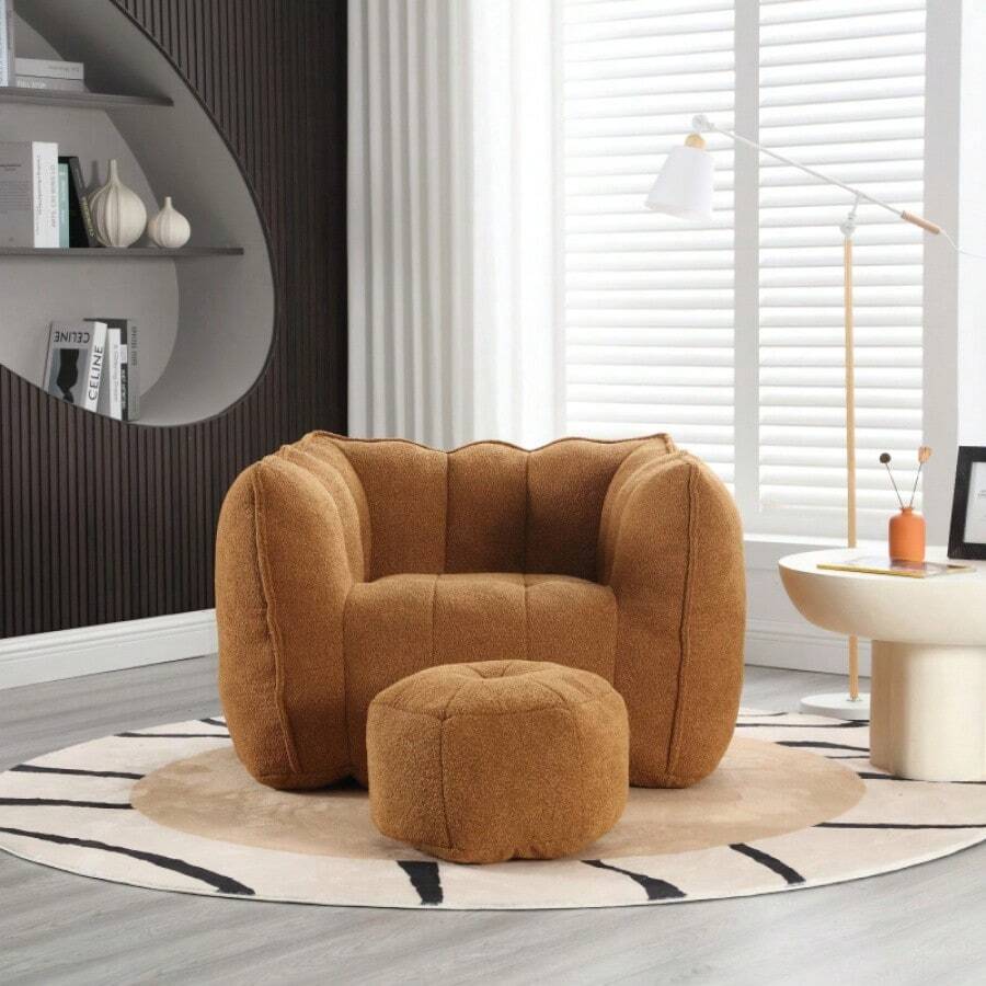 Soft Bean Bag Chair With High Resilient Foam(Chips)For Living Room And Bedroom,Comfortable Square Lazy Sofa With Footstool, Cover For Adults To Gaming, Reading, And Watching TV - Màu Khaki - Xem 1