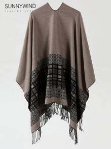 1 件时尚百搭休闲高端优雅格子斗篷，适合秋冬季 - 卡其色 - 查看 2