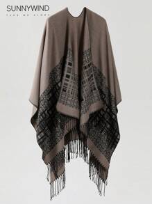 1 件时尚百搭休闲高端优雅格子斗篷，适合秋冬季 - 卡其色 - 查看 3