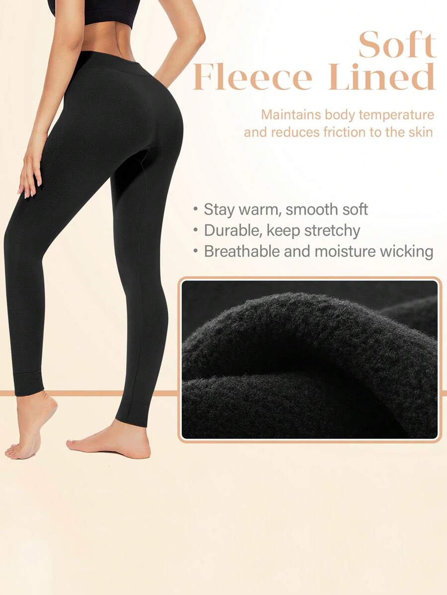 Women's High Waist Thermal Leggings, Winter Warm Underwear Pants, For Daily Wear - Black - View 1