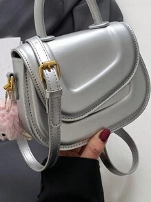 Ladies PU Cute Crossbody Bag,Mini Saddle Bag With Plush Pendant,Adjustable Shoulder Strap Girls Bags - 銀色 - 查看 4