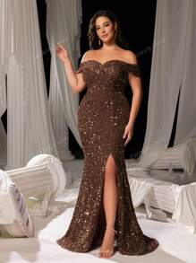 Faeriesty Faeriesty Curve Plus Elegant Sequin Off-Shoulder Mermaid Gown With High Slit - Shimmering Evening Wear For Red Carpet Events, Luxury Weddings, Glam Party Dresses & Formal Banquets