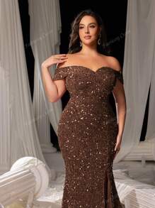Faeriesty Faeriesty Curve Plus Elegant Sequin Off-Shoulder Mermaid Gown With High Slit - Shimmering Evening Wear For Red Carpet Events, Luxury Weddings, Glam Party Dresses & Formal Banquets