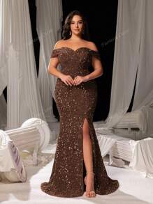Faeriesty Faeriesty Curve Plus Elegant Sequin Off-Shoulder Mermaid Gown With High Slit - Shimmering Evening Wear For Red Carpet Events, Luxury Weddings, Glam Party Dresses & Formal Banquets