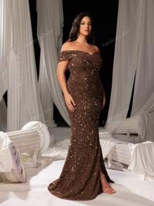 Faeriesty Faeriesty Curve Plus Elegant Sequin Off-Shoulder Mermaid Gown With High Slit - Shimmering Evening Wear For Red Carpet Events, Luxury Weddings, Glam Party Dresses & Formal Banquets