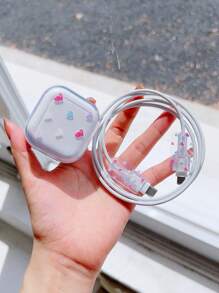 Minimalist Powder Heart Shaped Charger Protector Shell, Suitable For 20W UK Plug Data Cable, Anti-Bend Fast Charging Head Transparent Protective Cover Cable Protector - Red - View 2