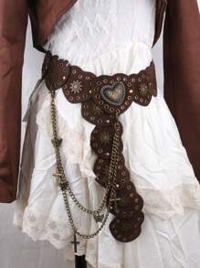 1 件女式复古棕色西式金属心形拼接腰带，Y2K Baddie 复古美学皮革腰带配蝴蝶链情人节情人节夏季、学校秋季、秋季、万圣节