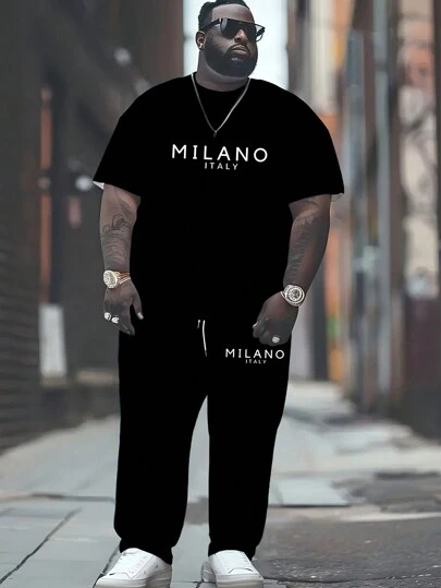 Conjunto de dos piezas de talla grande para hombres, con camiseta de cuello redondo con estampado de letra simple y pantalones casuales, conjunto deportivo suelto y de moda, atuendo cómodo
