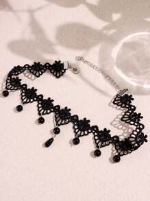 1pc Elegant Black Lace Pattern Fringe Thigh Chain Body Jewelry For Women