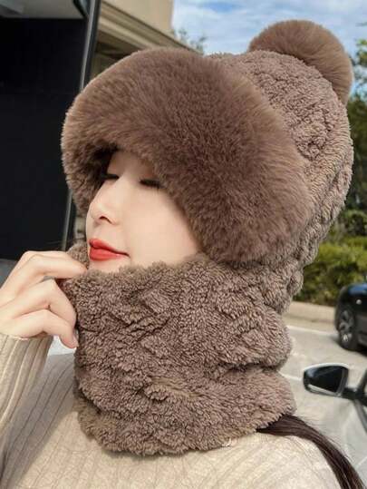 1pc Women's Furry Hat With Scarf, Windproof Warm Hat For Outdoor Winter Winter Accessories Winter Outfits