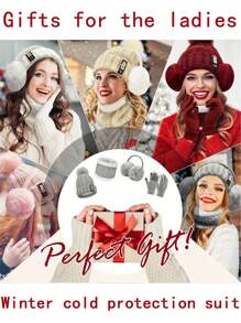 Conjunto de cinco o siete piezas de gorro, bufanda, orejeras, guantes y calcetines para mujer para otoño e invierno. Gorro de punto grueso y aterciopelado, resistente al viento y al frío, bufanda de punto, guantes de punto, orejeras cálidas, calcetines cálidos. Regalos de invierno para mujeres