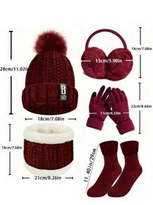 Conjunto de cinco o siete piezas de gorro, bufanda, orejeras, guantes y calcetines para mujer para otoño e invierno. Gorro de punto grueso y aterciopelado, resistente al viento y al frío, bufanda de punto, guantes de punto, orejeras cálidas, calcetines cálidos. Regalos de invierno para mujeres