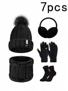 Conjunto de cinco o siete piezas de gorro, bufanda, orejeras, guantes y calcetines para mujer para otoño e invierno. Gorro de punto grueso y aterciopelado, resistente al viento y al frío, bufanda de punto, guantes de punto, orejeras cálidas, calcetines cálidos. Regalos de invierno para mujeres