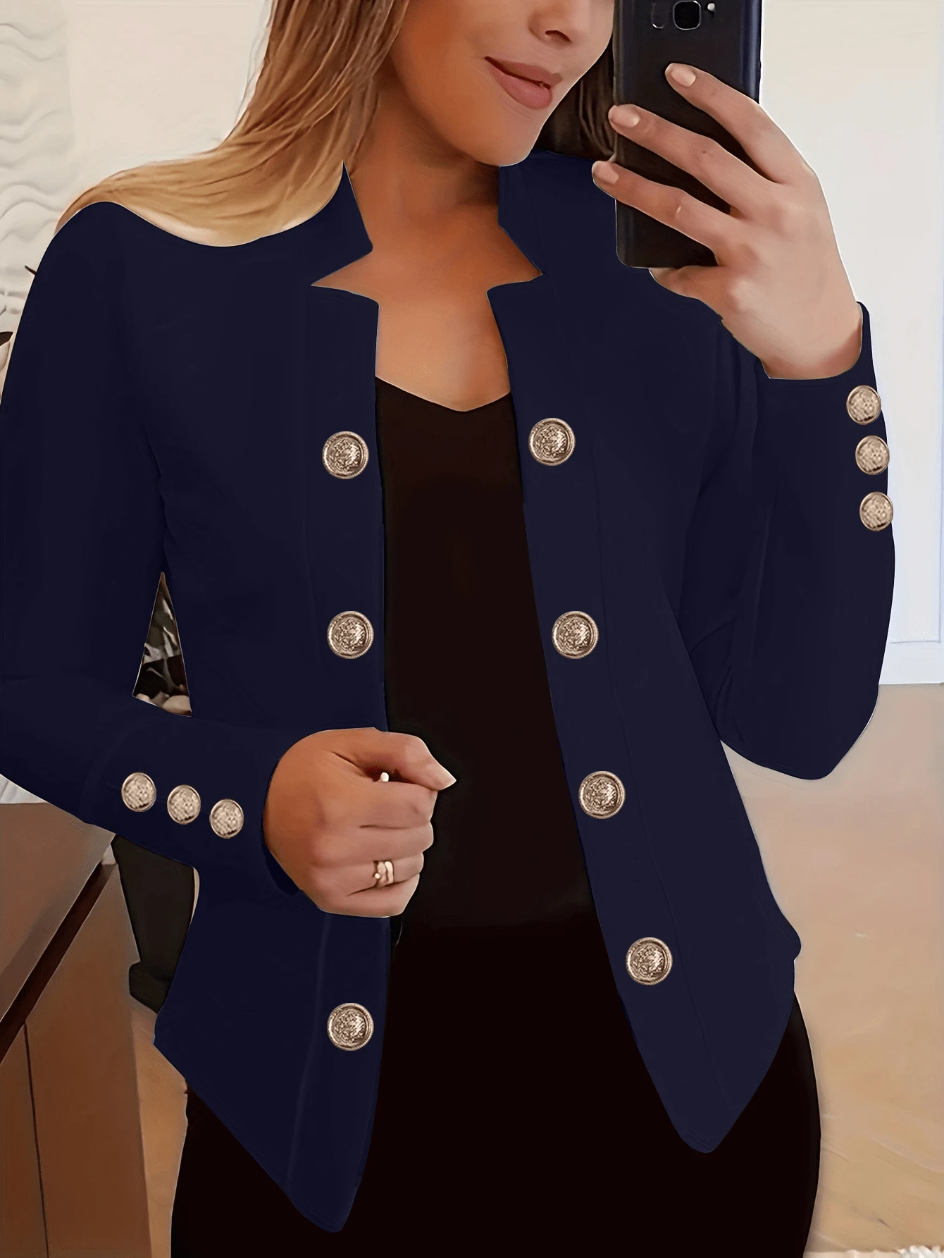 Women's Solid Color Button-Up Long Sleeve Lightweight Jacket, Spring/Autumn - Navy Blue - View 1