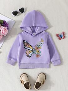 2pcs/Set Baby Girls Cute Simple Butterfly Print Hooded Long Sleeve Sweatsuit, Spring/Autumn - Multicolor - View 3
