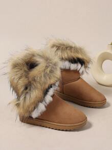 Bottes de neige et personnalisées de style européen et américain pour femmes, avec bordure en fourrure plate et exagérée, et couleur dégradée. Convient pour le ski, le port quotidien, l'extérieur, le travail et les étudiants dans des températures sous-zéro, mi-mollet