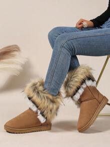 Bottes de neige et personnalisées de style européen et américain pour femmes, avec bordure en fourrure plate et exagérée, et couleur dégradée. Convient pour le ski, le port quotidien, l'extérieur, le travail et les étudiants dans des températures sous-zéro, mi-mollet