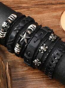 6pcs/Set Dark Punk Style Star & Skull PU Leather Stacking Bracelets Suit For Men Daily Wear - Black - View 6