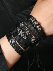 6pcs/Set Dark Punk Style Star & Skull PU Leather Stacking Bracelets Suit For Men Daily Wear - Black - View 3