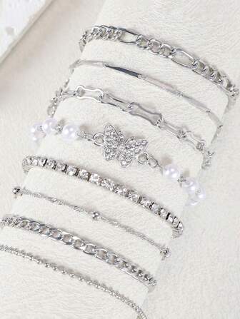 8 件/1 套时尚朋克蝴蝶铜镶嵌水晶仿珍珠银手链套装，适合女性派对和宴会