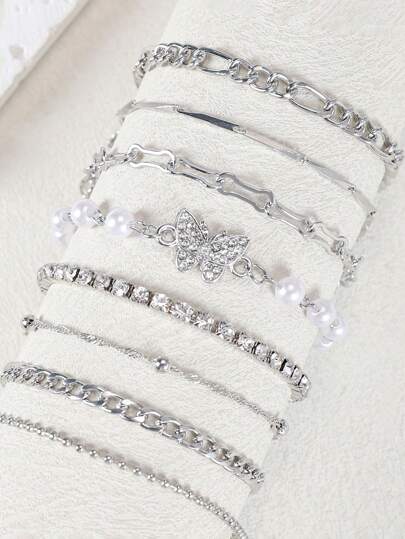 8pcs/1set Fashionable Punk Butterfly Copper Inlaid Crystal Faux Pearl Silver Bracelet Set, Suitable For Women Party & Banquet