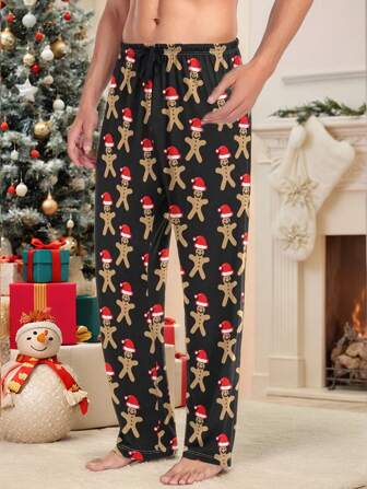 Men's Casual Christmas Gingerbread Man Printed Pajama Pants, Autumn/Winter
