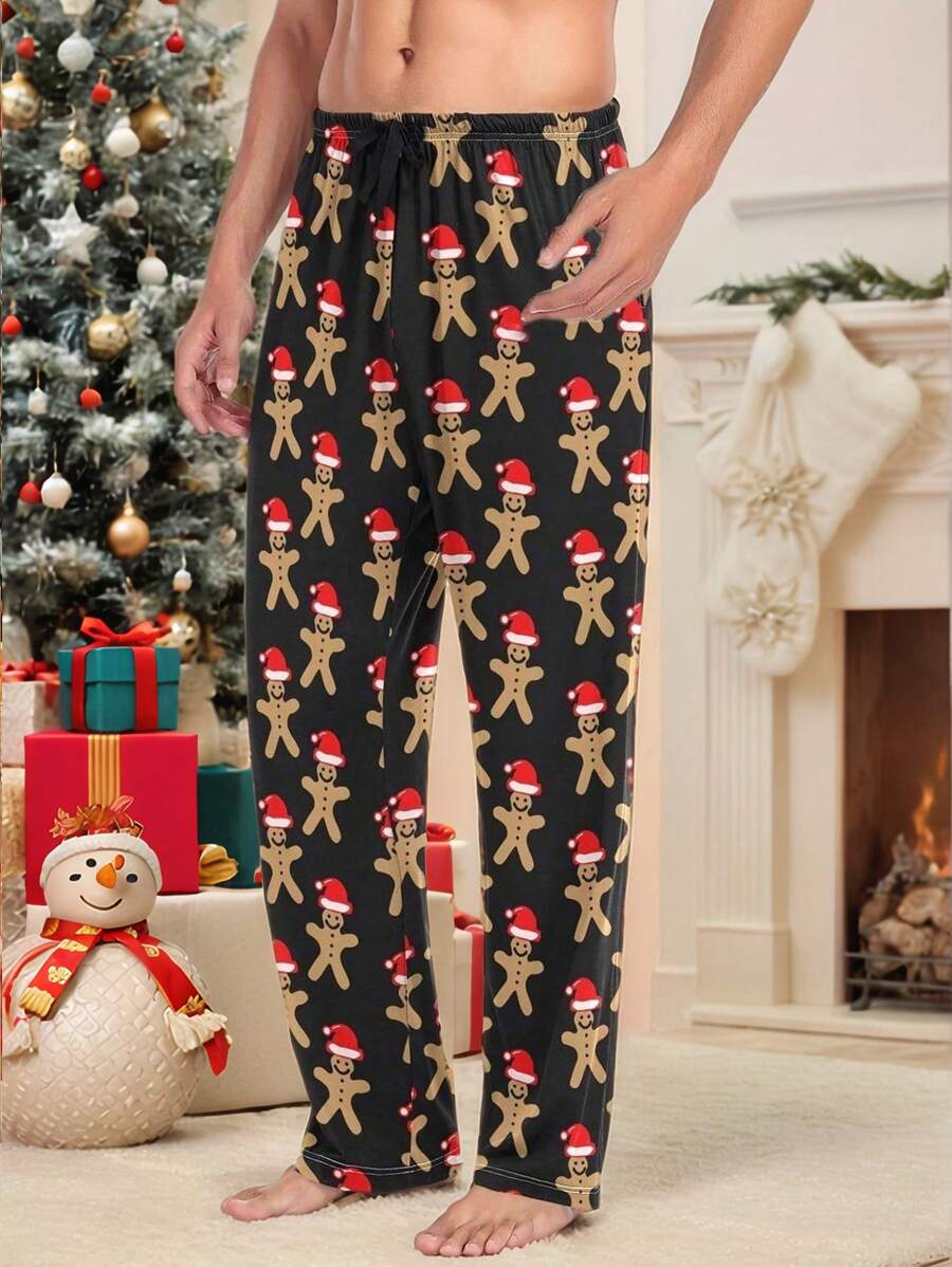 男士休闲圣诞姜饼人印花睡裤，秋冬