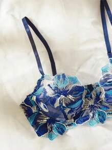 Bộ đồ lót Style Dream 2 món dành cho nữ, màu xanh dương, thêu hoa, chất liệu lưới xuyên thấu, gợi cảm và nâng đỡ tốt, lý tưởng cho những dịp thân mật. - Màu xanh lam - Xem 2