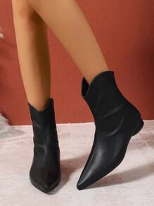 秋冬英伦风复古V字黑色真皮踝靴女款春秋季中跟尖头粗跟搭配牛仔裤 - 黑色 - 查看 4