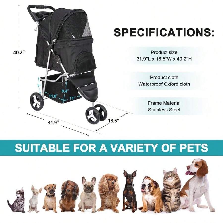 Pet Stroller For Cats And Dogs 3 Wheels Carrier Strolling Cart With
