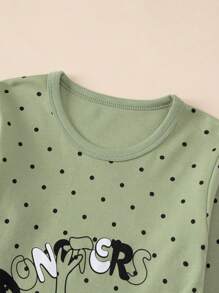 2 件套 小男孩绿色圆点卡通印花家居服套装 保暖内衣 春秋 - 薄荷綠 - 查看 3