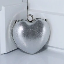 新品 水钻心形晚装手包，镶嵌水晶优雅链条单肩包，适合女士 - 銀色 - 查看 8