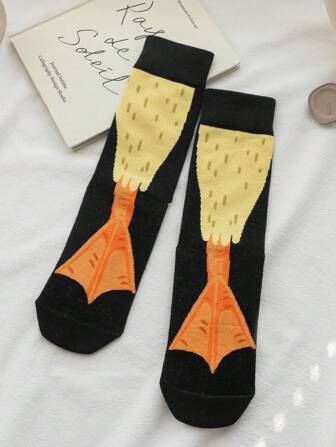 1双男士舒适休闲趣味卡通动物鸭脚/鸡爪图案中筒袜，百搭