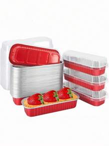 5/8/10/12/15pcs Red Baked Cake Rectangular Aluminum Box With High Temperature Resistant Cover, Food Packaging Box, Baked Food Aluminum Box, Pudding Cake Dessert Food Packaging Box, Party Festival Picnic Baking Aluminum Box - Multicolor - View 1