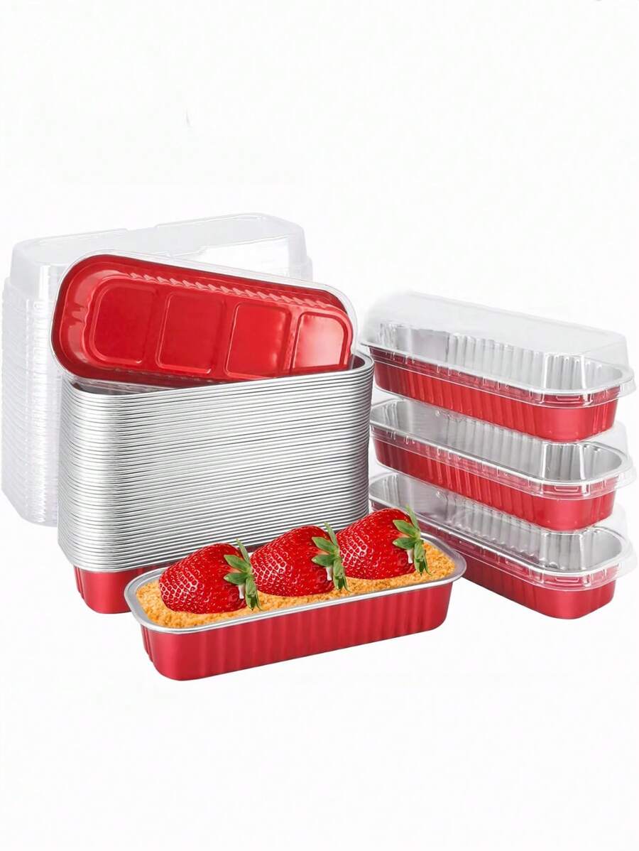 5/8/10/12/15pcs Red Baked Cake Rectangular Aluminum Box With High Temperature Resistant Cover, Food Packaging Box, Baked Food Aluminum Box, Pudding Cake Dessert Food Packaging Box, Party Festival Picnic Baking Aluminum Box - Multicolor - View 1