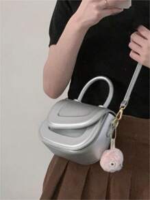 Ladies PU Cute Crossbody Bag,Mini Saddle Bag With Plush Pendant,Adjustable Shoulder Strap Girls Bags - 銀色 - 查看 6