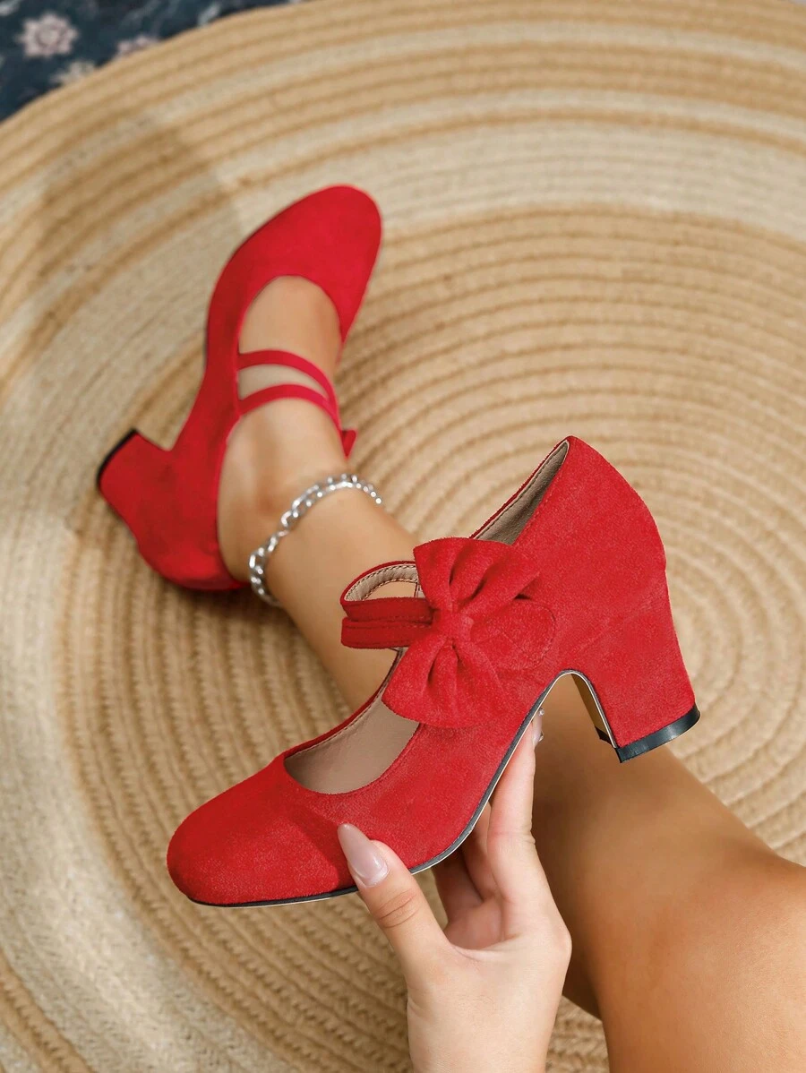 Autumn/Winter Wedding Casual Fashion High Heel Mary Jane T-Strap Shoes, Thick Heel Formal Dress Pumps, Velvet Work Office Red Shoes, Outdoor Women High Heels (Please Check Foot Length, Palm Circumference Parameters Before Purchasing)