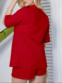 Linen Set / Shirt And Shorts / With Elastic Waistband - Red - View 2