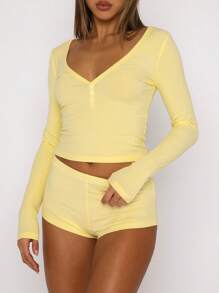 Women's Summer Ribbed Loungewear Set, Solid Color Long Sleeve V-Neck Button Front Cropped Tops + Shorts 2 Pieces Sleepwear - Yellow - View 10